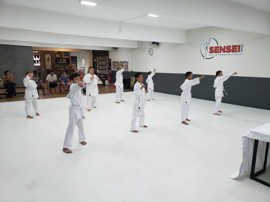 crianças treinando karate no instituto sensei dojo